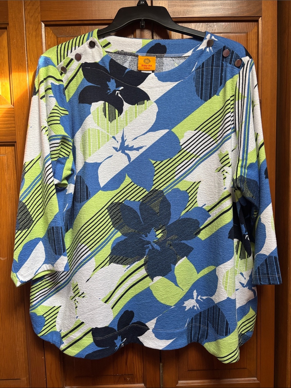 Ruby Rd. Blue, Lime & White Floral-Stripe Tunic with Button-Shoulder